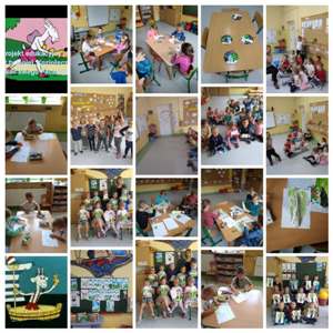 Kolaż zdjęć dotyczący realizacji projektu "Idź ty lepiej, Koziołeczku szukać swego Pacanowa". Na zdjęciach kl. 0a