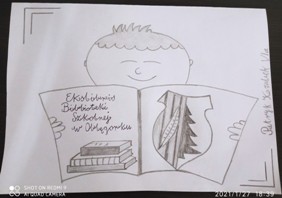  ''Ekslibris biblioteki szkolnej'' - rysunek dziecko trzyma rozłożoną książkę, w  środku herb gminy Strawczyn iksiążki