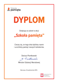 Dyplom Ministerstwa Edukacji Narodowej za udział w akcji "Szkoła pamięta"